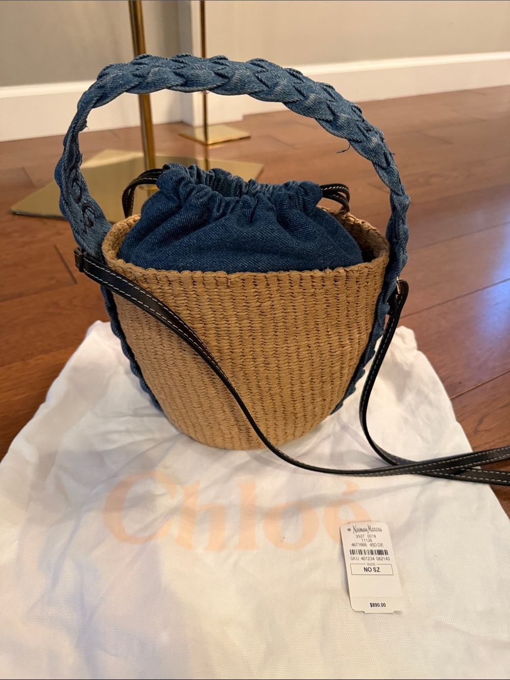 AUTHENTIC CHLOE Denim-Trim Straw Mini Bucket Bag